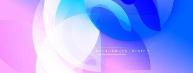 Soyut akışkan şekiller pembe ve mavi renkleri harmanlıyor. Üst üste binen katmanlar dinamik görsel efekt yaratır. Arka planlar için modern tasarım ögesi.