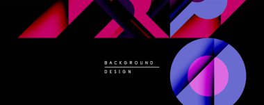 Soyut geometrik tasarım. Canlı pembeler, maviler, mor renkler, siyah arka planda karşıtlık. Şekiller üçgenler, daireler, dinamik görsel efekt yaratan katmanlı şekiller içerir. Modern estetik.