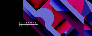 Soyut geometrik bileşim. Canlı mor, mor, mavi renkler dinamik şekiller yaratır. Modern tasarım arka planlar, sunumlar ve dijital sanat için uygundur..