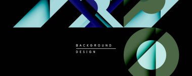 Soyut geometrik tasarım üst üste binen katmanlar, üçgenler, daireler. Koyu arkaplan canlı deniz mavisi, deniz mavisi ve zeytin renkleriyle çelişiyor. Modern estetik, minimalist stil.