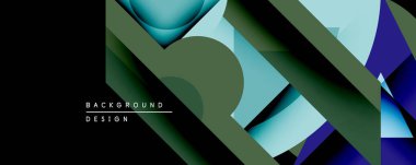 Soyut geometrik arkaplan. Üst üste binen şekiller dinamik bileşim yaratır. Mavi, yeşil, koyu tonlar tasarımda baskın. Modern estetik, dijital projeler için uygun.