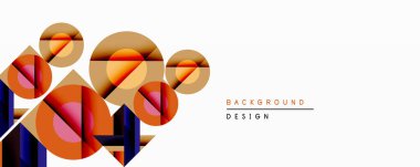 Soyut geometrik bileşim. Üst üste binen daireler, üçgenler dinamik görsel efekt yaratır. Sıcak turuncu, altın rengi, havalı maviler, pembeler. Modern tasarım ögesi.