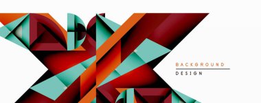 Soyut geometrik tasarım üst üste binen çokgenler içerir. Kırmızı, deniz mavisi, turuncu renkler beyaz zemine karşı dinamik kompozisyon oluşturur. Modern, şık görsel element.
