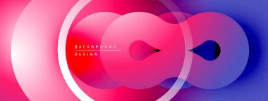 Soyut daireler örtüşüyor, canlı pembeler, maviler, morlar yaratıyor. Modern tasarım enerji, hareket, akıcılık öneriyor. Gradyan renkler kompozisyona hakim.