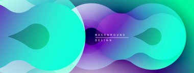 Soyut sıvı şekilleri örtüşür, canlı mor, mavi ve turkuaz renkler yaratır. Arkaplan ve sunumlar için modern tasarım ögesi.