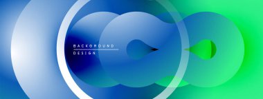 Soyut sıvı şekilleri, maviden yeşile doğru. Üst üste binen daireler dinamik görsel efekt yaratır. Metin elementli minimalist tasarım.