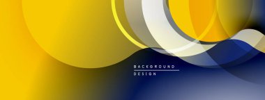 Soyut tasarım özellikleri üst üste binen daireler, gradyanlar. Sarı, mavi, beyaz renkler dinamik kompozisyon oluşturur. Modern estetik.