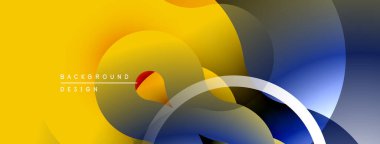 Soyut tasarım üst üste binen şekiller, canlı sarı, mavi renkler. Modern estetik, pürüzsüz gradyanlar dinamik bileşim oluşturur.