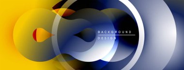 Soyut tasarım özellikleri üst üste binen daireler, gradyanlar. Sarı, mavi, beyaz renkler dinamik görsel efekt yaratır. Modern arkaplan dokusu.