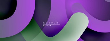 Soyut sıvı şekilleri örtüşür, canlı mor, yeşil gradyanlar yaratır. Modern tasarım, pürüzsüz geçişler, dinamik kompozisyon.