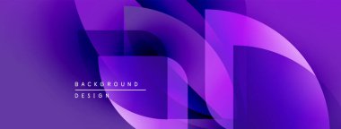 Soyut mor gradyan katmanlar dinamik arkaplan oluşturur. Üst üste binen şekiller hareket, derinlik ve modern tasarım estetiğini gösteriyor..