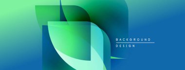 Soyut gradyan şekiller çakışıyor, dinamik görsel etki yaratıyor. Mavi, yeşil renkler kompozisyona hakim. Minimalist tasarım unsurları.