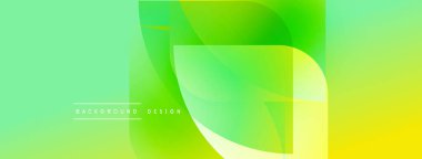 Soyut eğim arkaplanı. Üst üste binen şekiller dinamik görsel efekt yaratır. Parlak sarı, yeşil renkler kompozisyona hakim. Mevcut en küçük metin.