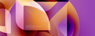 Soyut geometrik şekiller örtüşüyor, canlı renk eğimleri yaratıyor. Tasarım turuncu, mor, kırmızı renklere sahiptir. Modern arkaplan ögesi.