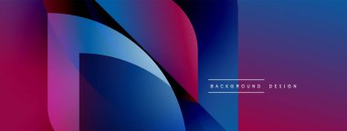 Soyut gradyan şekiller çakışıyor, dinamik görsel etki yaratıyor. Renkler mordan koyu maviye dönüşür. Minimalist tasarım.