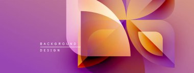 Soyut geometrik şekiller örtüşür, canlı gradyanlar yaratır. Mor arka plan turuncu ve sarı renkleri tamamlıyor. Modern tasarım ögesi.