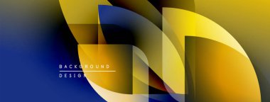 Soyut geometrik tasarım. Üst üste binen şekiller dinamik görsel efekt yaratır. Mavi, sarı, beyaz renkler kompozisyona hakim. Modern estetik.