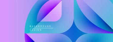 Soyut gradyan şekiller çakışıyor, dinamik görsel etki yaratıyor. Mor, mavi renkler tasarıma egemen, modern estetik.