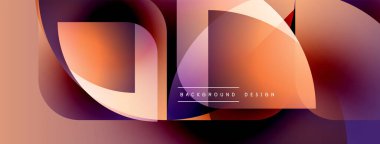 Soyut geometrik şekiller canlı turuncu ve mor renkleri harmanlarlar. Modern tasarım dinamik görsel efekt yaratır. Düzen eğimleri kompozisyona hakim.