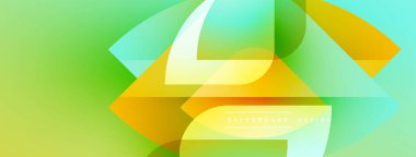 Soyut geometrik şekiller örtüşüyor, canlı yeşil, sarı, turkuaz gradyanlar yaratıyor. Modern tasarım enerji, yenilik, akıcılık öneriyor.