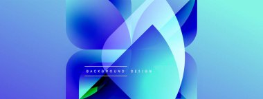 Soyut mavi tasarım, üst üste binen şekiller. Gradyan renkler dinamik görsel efekt yaratır. Metin arka plan tasarımı okur. Modern, akışkan estetik.