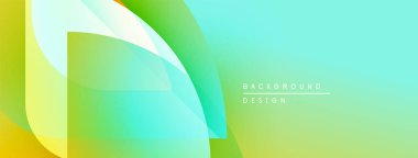 Soyut geometrik şekiller örtüşür, canlı bir değişim etkisi yaratır. Açık yeşil, sarı, turkuaz renkler kompozisyona hakim. Mevcut en küçük metin.