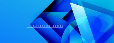 Soyut mavi geometrik şekiller dinamik arkaplan yaratır. Modern tasarım üst üste binen katmanlar, gradyanlar, metin ögesi.