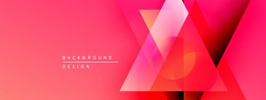 Soyut geometrik şekiller, canlı pembe gradyan. Modern tasarım elementleri dinamik görsel etki yaratır. Arkaplan özellikleri katmanlı üçgenler, daireler.