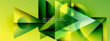 Soyut geometrik şekiller örtüşüyor, canlı yeşil gradyanlar yaratıyor. Tasarım kompozisyon içinde metin arkaplan tasarımı içerir.