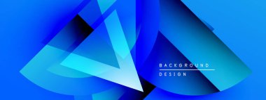 Soyut mavi şekiller örtüşür, dinamik görsel efekt yaratır. Modern tasarım elementleri teknoloji ve yenilik öneriyor. Parlak gradyanlar derinliği artırır.