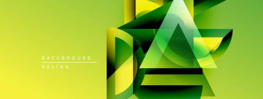 Soyut geometrik tasarım. Üst üste binen üçgenler dinamik görsel efekt yaratır. Sarı, yeşil renkler kompozisyona hakim. Modern, minimalist stil.