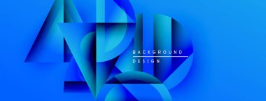 Soyut mavi tasarım katmanlı geometrik şekiller içerir. Renkler derinlik yaratır, modern estetik. Metin arkaplan tasarımı okur.