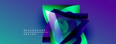 Soyut geometrik şekiller örtüşür, parlak mavi, yeşil ve mor renkler yaratır. Arkaplan ve sunumlar için modern tasarım ögesi.