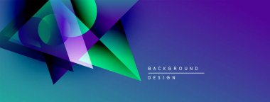 Soyut geometrik şekiller canlı mor, yeşil renkleri harmanlarlar. Modern tasarım dinamik enerjiyi, görsel ilgiyi öneriyor. Arkaplanda metin ögeleri.