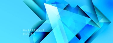 Soyut mavi geometrik şekiller dinamik arkaplan yaratır. Parlak gradyanlar, keskin açılar, mevcut modern tasarım elementleri.