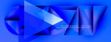 Soyut mavi geometrik şekiller dinamik bileşim yaratır. Renkler, keskin açılar, modern tasarım unsurları mevcut. Arkaplan metin içerir.