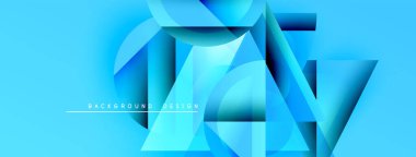 Soyut geometrik şekiller, canlı mavi renkler, modern tasarım. Gradyan etkiler derinlik yaratır, dinamik bileşim. Minimalist stil.
