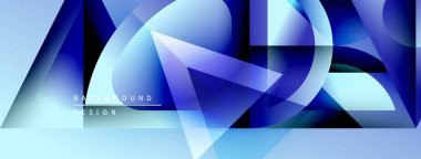 Soyut geometrik şekiller çakışıyor, dinamik mavi gradyanlar yaratıyor. Modern tasarım öğeleri teknoloji, yenilik, gelecek kavramları önerir.