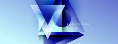 Soyut mavi tasarım katmanlı üçgenler içerir. Gradyan gölgeler derinlik yaratır, modern estetik. Metin arkaplan tasarımı okur.