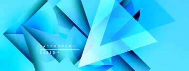 Soyut mavi tasarım katmanlı üçgenler içerir. Gradyan gölgeler derinlik yaratır, modern estetik. Metin arkaplan tasarımı okur.