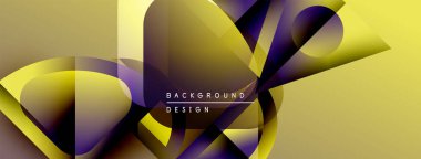 Soyut geometrik şekiller örtüşüyor, dinamik altın ve mor gradyanlar yaratıyor. Modern tasarım elementleri hareket ve derinlik öneriyor. Arkaplan özellikleri metin.