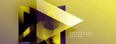 Soyut geometrik tasarım. Sarı gradyanlar, mor aksanlar, üst üste binen şekiller modern görsel efektler yaratır. Minimalist stil.