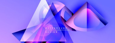 Soyut geometrik şekiller örtüşüyor, canlı mor ve mavi renkler yaratıyor. Modern tasarım elementleri teknoloji ve yenilik öneriyor. Arkaplanda metin arkaplan tasarımı.