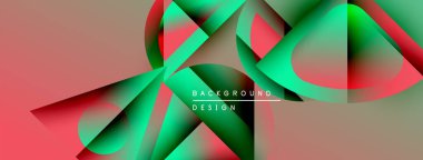 Soyut geometrik şekiller örtüşüyor, canlı renk eğimleri yaratıyor. Tasarımda yeşil, kırmızı, bej renkler var. Modern estetik.