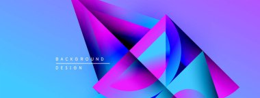 Soyut geometrik şekiller canlı mavileri, pembeleri, morları harmanlarlar. Modern tasarım dinamik görsel etki yaratır. Arkaplanda metin ögeleri.