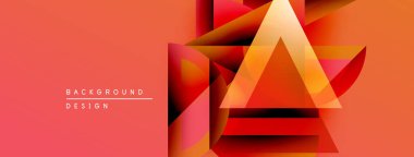 Soyut geometrik tasarım. Turuncu, kırmızı renkler kompozisyona hakim. Katmanlı üçgenler dinamik görsel efekt yaratır. Modern estetik.