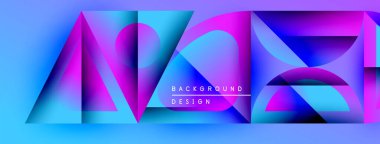 Soyut geometrik şekiller, canlı renkler, katmanlı tasarım. Mavi, pembe, mor gradyanlı modern arka plan. Metin arkaplan tasarımı okur.