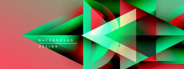 Soyut geometrik şekiller örtüşüyor, canlı renk eğimleri yaratıyor. Kırmızı, yeşil, siyah renkler tasarımda baskın. Modern estetik.