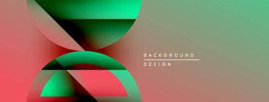 Soyut tasarım özellikleri üst üste binen renkli şekiller. Gradyan renkler kırmızı, yeşil ve sessiz renkleri harmanlıyor. Minimalist tarz, modern estetik.