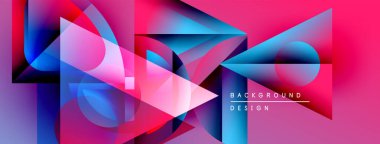 Soyut geometrik şekiller örtüşür, canlı pembeler, maviler, morlar yaratır. Modern tasarım elementleri dinamik bileşimi önerir.
